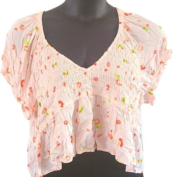 NWT BP Women’s Pink Floral Babydoll Shirred Crop Top Blouse Size 1X - Picture 3 of 9